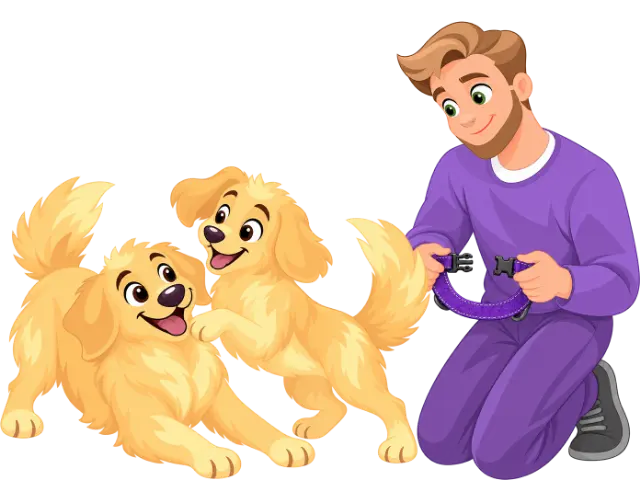 Two golden retriever puppies play-wrestle while a man in a purple jumper kneels beside them holding a purple collar with its quick-release buckle open.