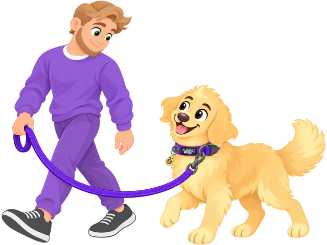 A man in a purple jumper walks a golden retriever puppy on a purple lead clipped to the D-ring of its purple WOOPF™ collar, an avocado ID tag hanging from the small tag ring beside it.