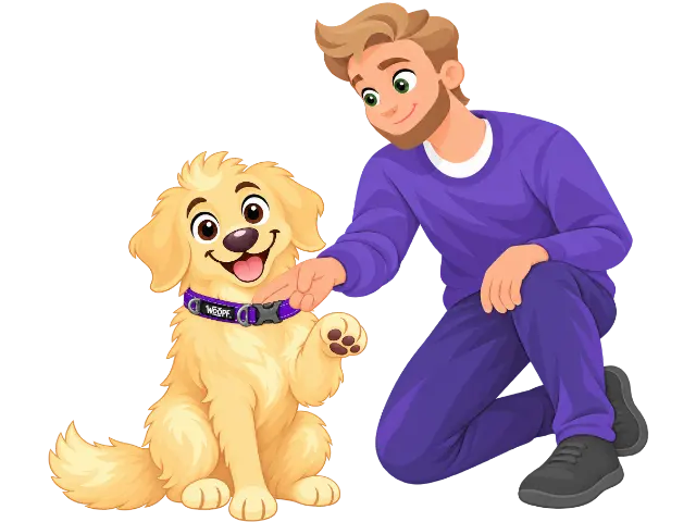 A man in a purple jumper kneels and slides two fingers flat under the purple WOOPF™ collar of a sitting golden retriever puppy, which lifts a paw.