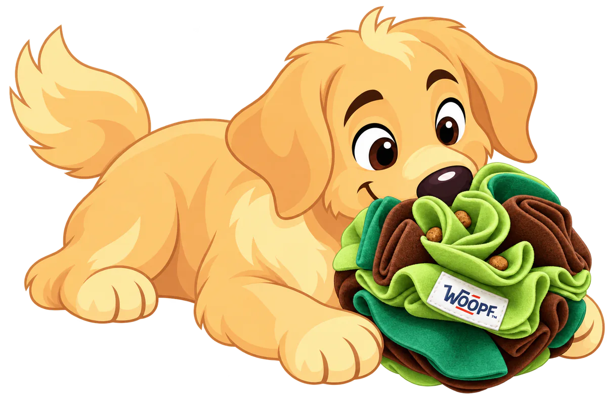 Illustrated golden retriever puppy nosing kibble out of a green WOOPF™ Snuffle Ball