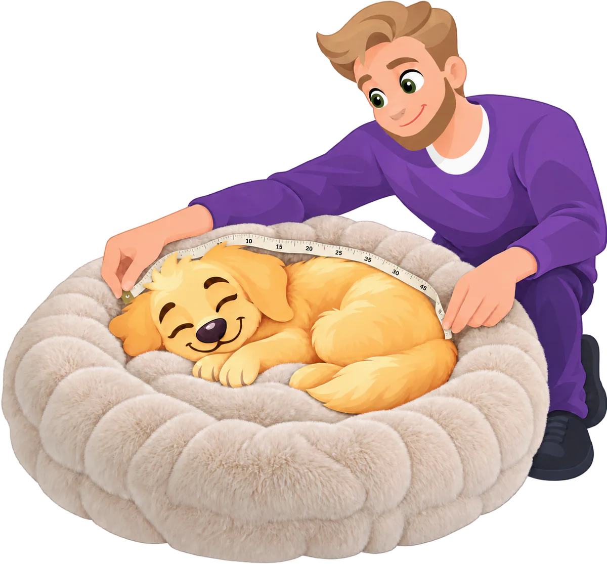 Illustrated owner in a purple jumper measuring a golden retriever puppy curled up asleep in a cream WOOPF™ Furry Curves Round Bed, nose round to tail