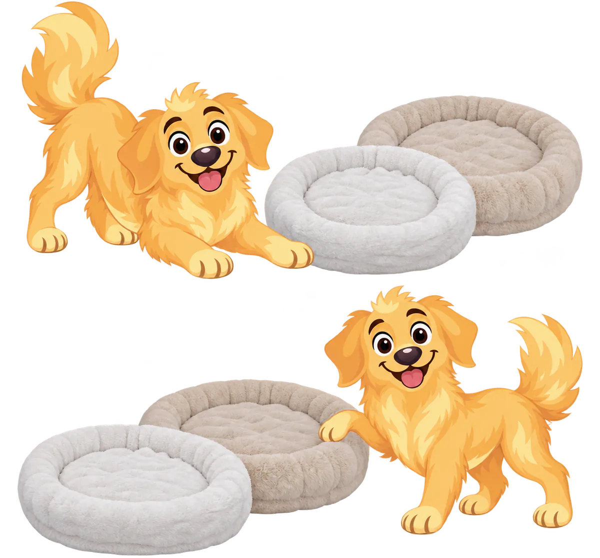 Illustrated golden retriever puppy in two poses with White and Cream WOOPF™ Furry Curves Round Beds, a paw on the White bed in one and on the Cream bed in the other