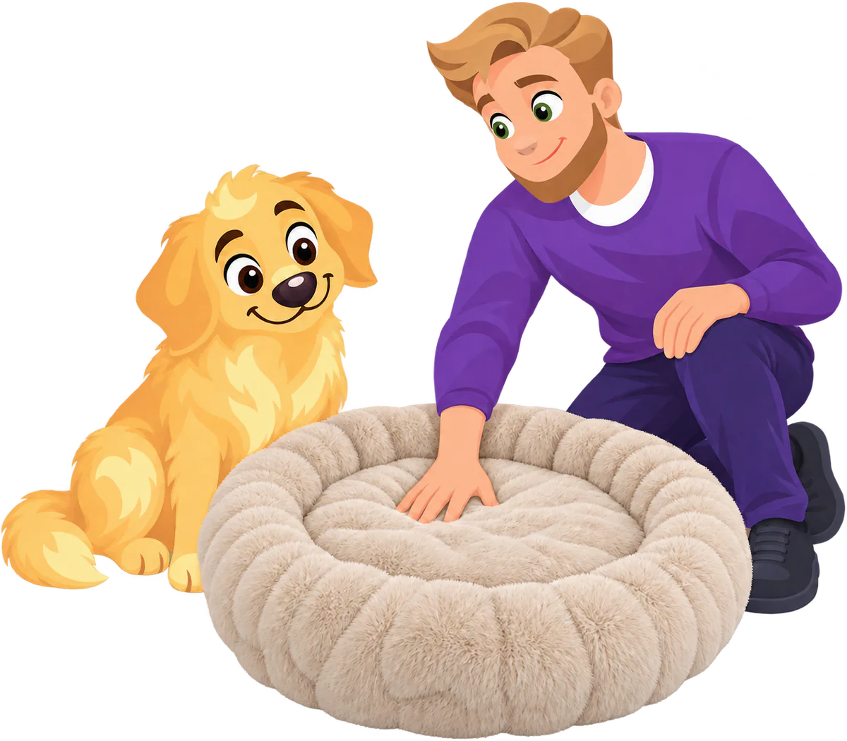 Illustrated owner in a purple jumper pressing a hand into an empty cream WOOPF™ Furry Curves Round Bed, a golden retriever puppy sitting beside it