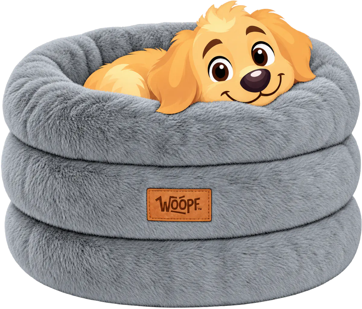 Illustrated golden retriever puppy resting its chin on the rim of a grey WOOPF™ Furry Range Round Bed, three stacked rolls of long fur