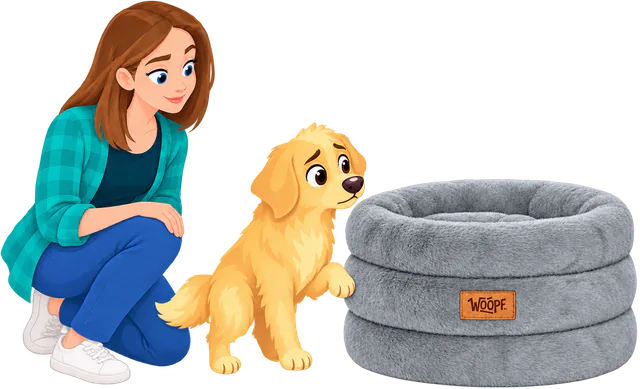 Illustrated woman crouching beside a golden retriever puppy sitting with one front paw raised against the wall of an empty grey Furry Range Round Bed