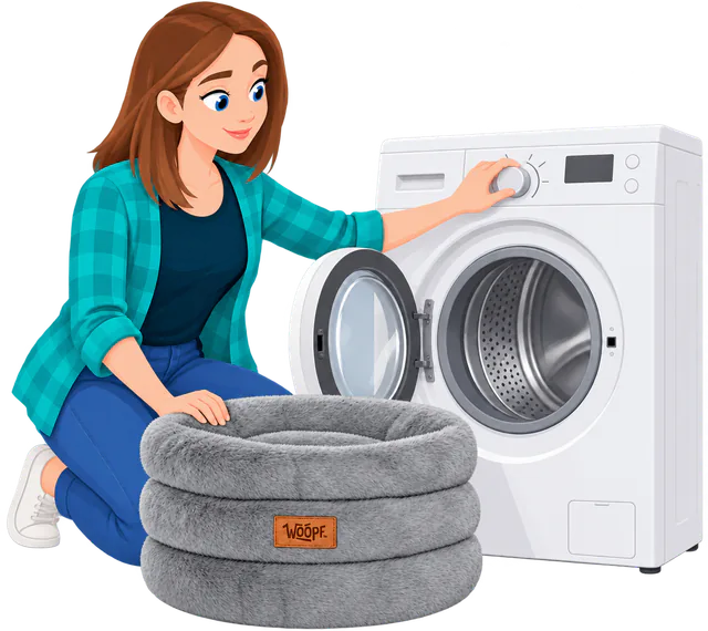 Illustrated woman kneeling at an open front-loading washing machine, turning its dial, with one hand on an empty grey Furry Range Round Bed