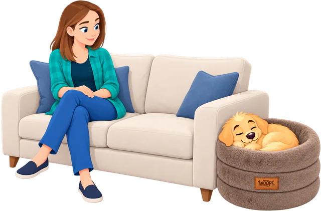 Illustrated woman sitting on a cream sofa while a golden retriever puppy sleeps in a brown Furry Range Round Bed against the sofa's arm