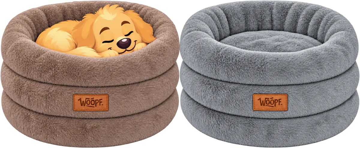 Illustrated golden retriever puppy asleep curled in a brown WOOPF™ Furry Range Round Bed beside an empty grey one, fur inside the well