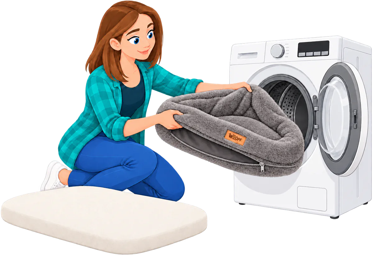 Illustrated woman kneeling to load the grey fur cover of a WOOPF™ Furry Range Rectangle Bed into a front-loading washing machine, its cream foam insert on the floor beside her