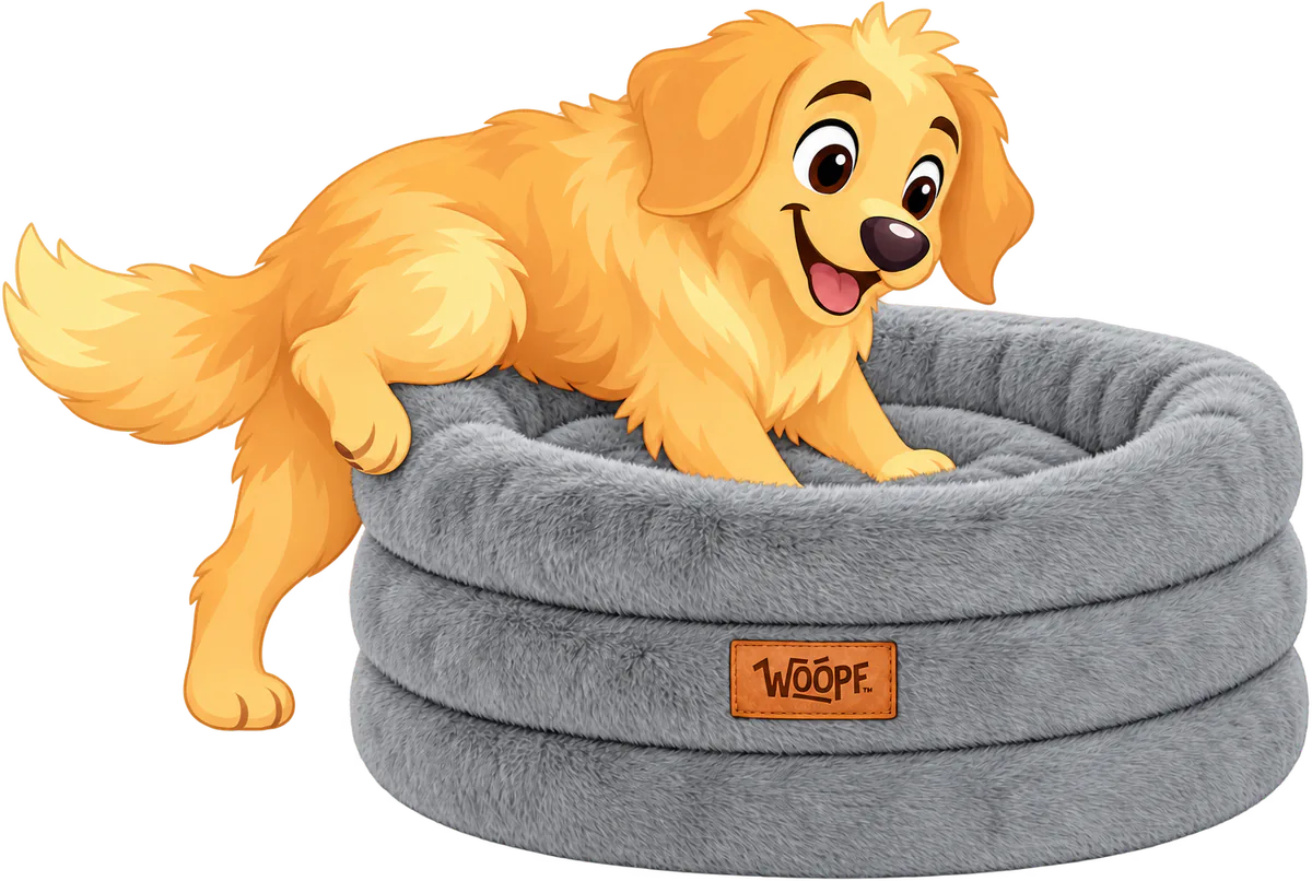 Illustrated golden retriever climbing over the wall of a grey WOOPF™ Furry Range Round Bed, front paws in the well and one hind leg outside