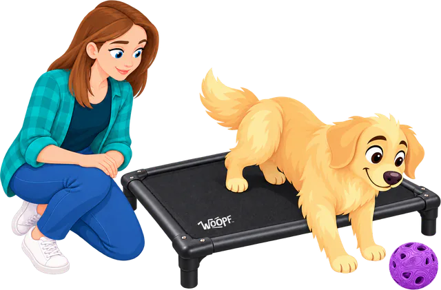 Illustrated owner watching a golden retriever step down off the Chew-Proof Dog Hammock towards a ball