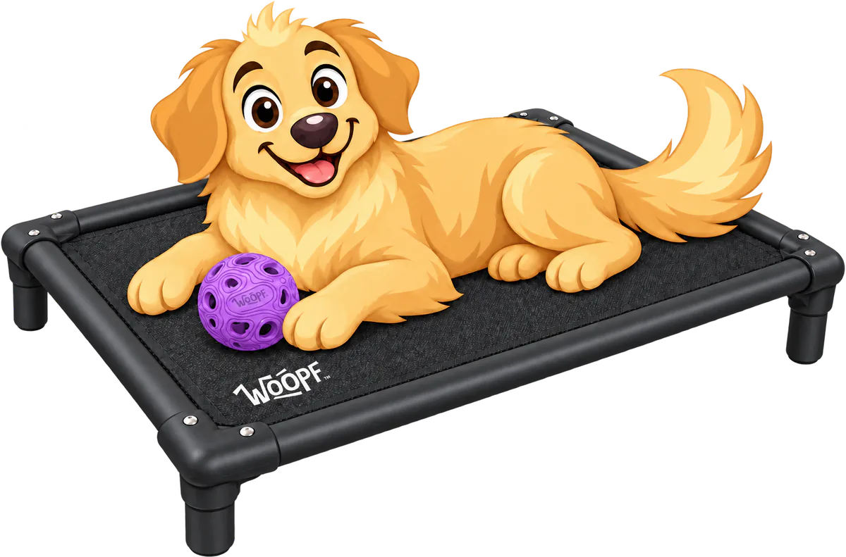 Illustrated golden retriever puppy lying on a black WOOPF™ Chew-Proof Dog Hammock with a purple ball by its front paw