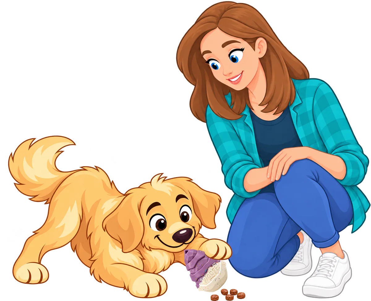 A woman kneels beside a golden retriever puppy nosing kibble out of a purple Snacky Hive.