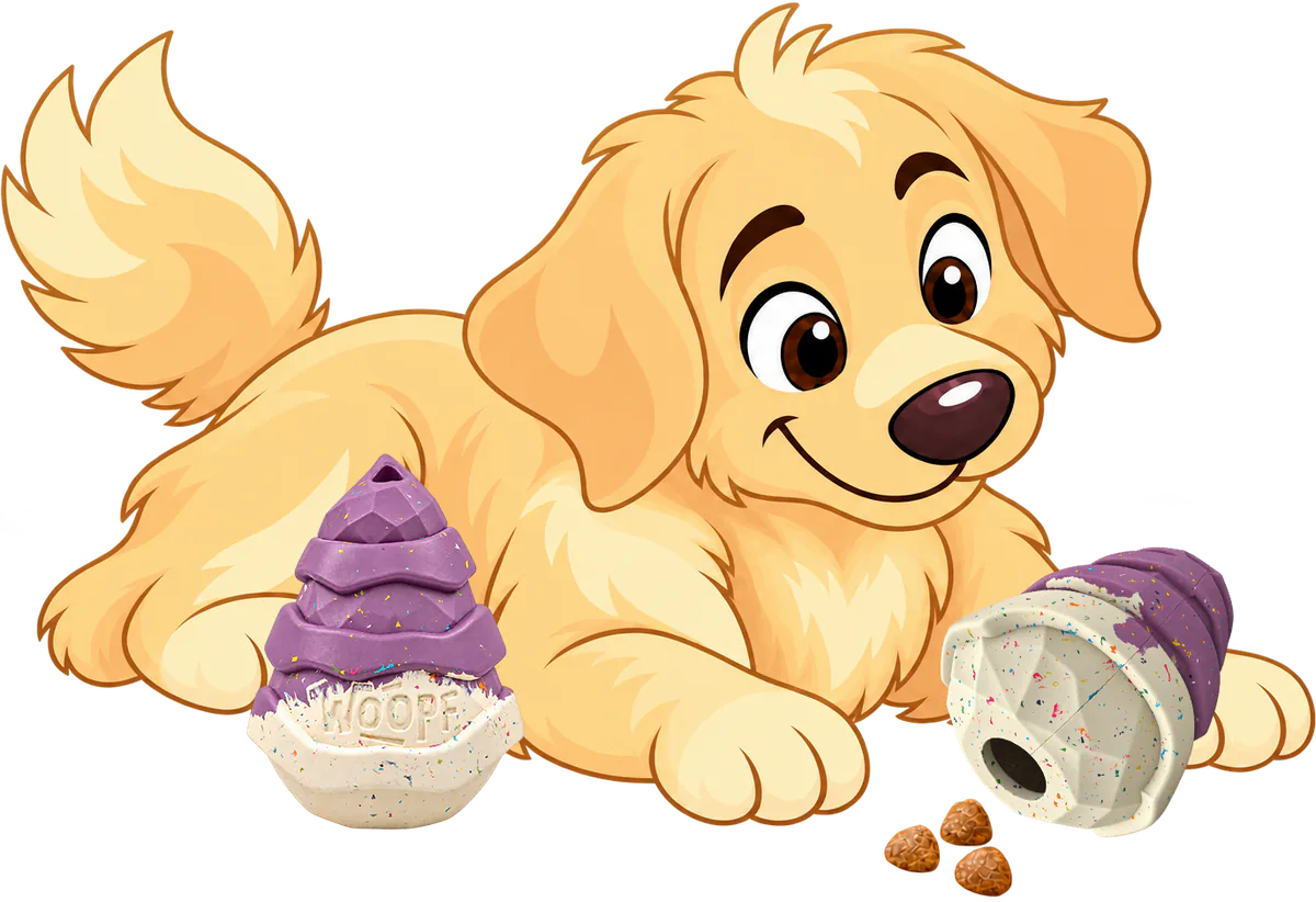 A golden retriever puppy lies beside two purple Snacky Hives, one tipped over with kibble falling from the hole in its base.