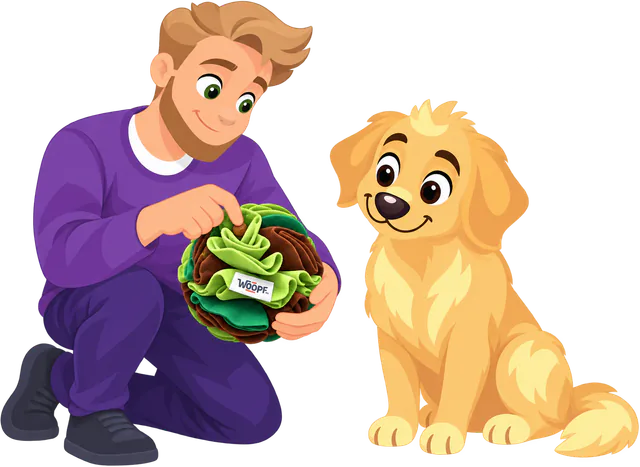 Illustrated owner tucking kibble deep into a green Snuffle Ball while a golden retriever puppy watches
