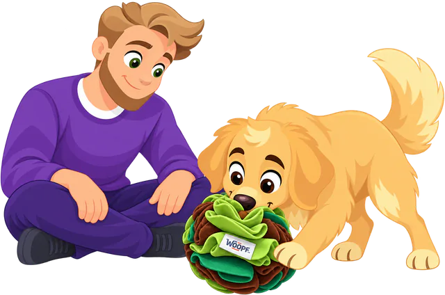 Illustrated owner sitting beside a golden retriever puppy while it noses a green Snuffle Ball