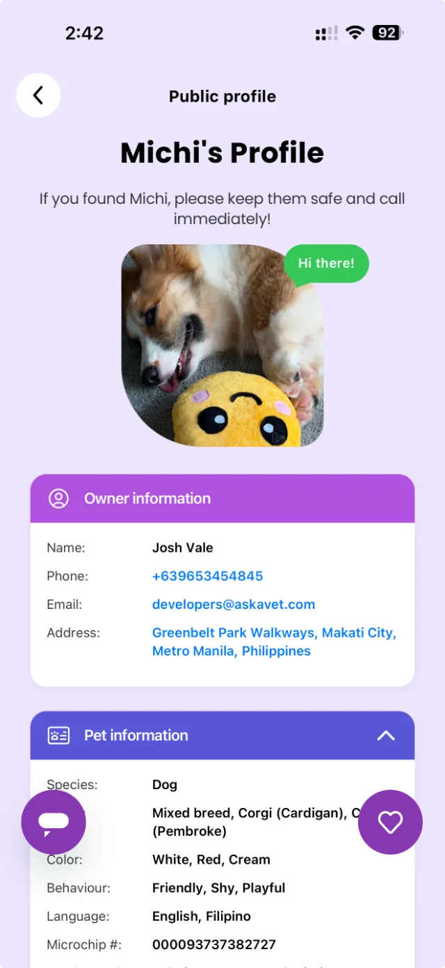 The public pet profile a finder sees after scanning the tag