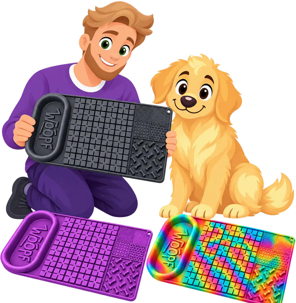 Illustrated man kneeling beside a golden retriever and holding up a grey WOOPF™ Licky Bowl Mat, with a purple and a rainbow tie-dye mat on the floor in front of them
