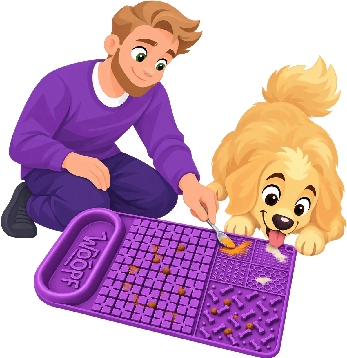 Illustrated man spooning paste onto the grid of a purple WOOPF™ Licky Bowl Mat with kibble in its cube field, while a golden retriever licks a smear from the zone beside it
