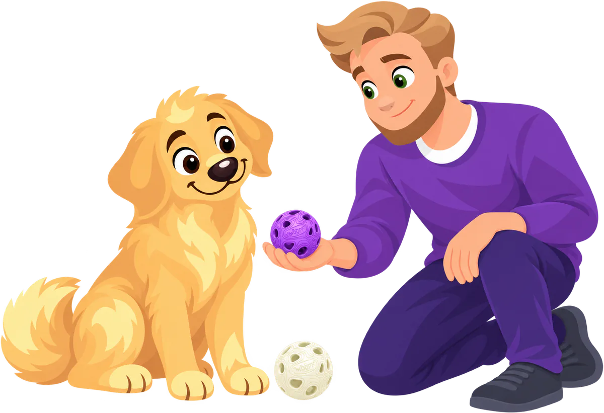 Illustrated owner crouching to offer a golden retriever puppy a Purple MeteorBite Ball from his open hand, a Glow MeteorBite Ball on the floor beside the puppy