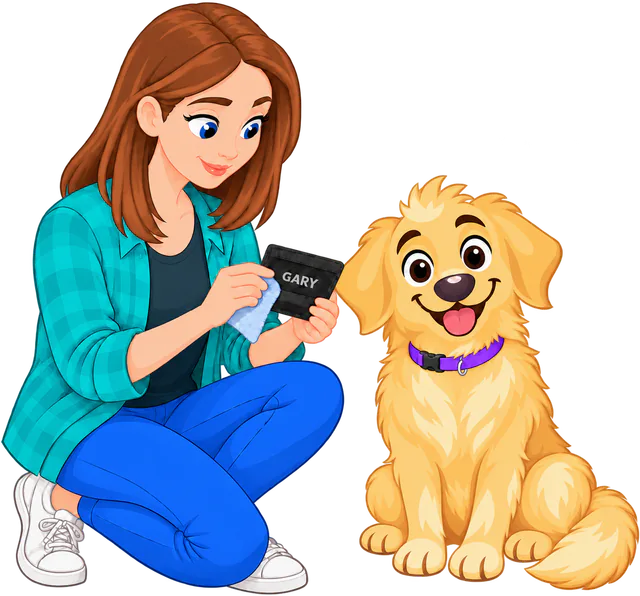Illustrated woman crouching beside a golden retriever, wiping a black badge printed GARY with a cloth, the dog in its plain purple collar