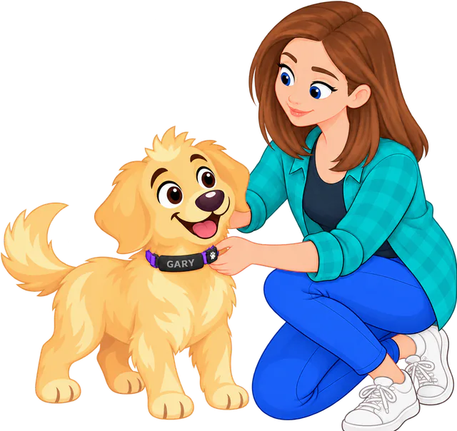 Illustrated woman crouching beside a young golden retriever, settling a black badge printed GARY on the side of its purple collar