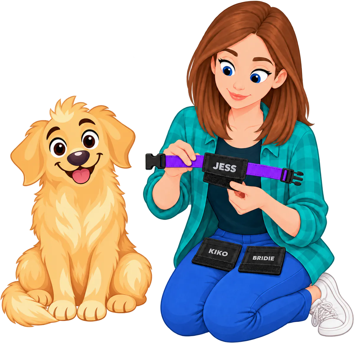 Illustrated woman kneeling beside a golden retriever, fitting a JESS badge to a purple collar, with KIKO and BRIDIE badges on her knees