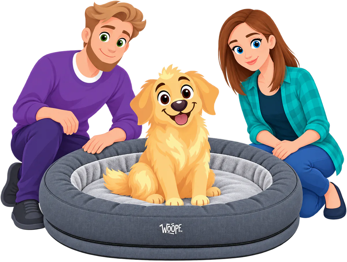Illustrated golden retriever sitting in a grey NÄP Vet Orthopedic Bed between a kneeling man and woman