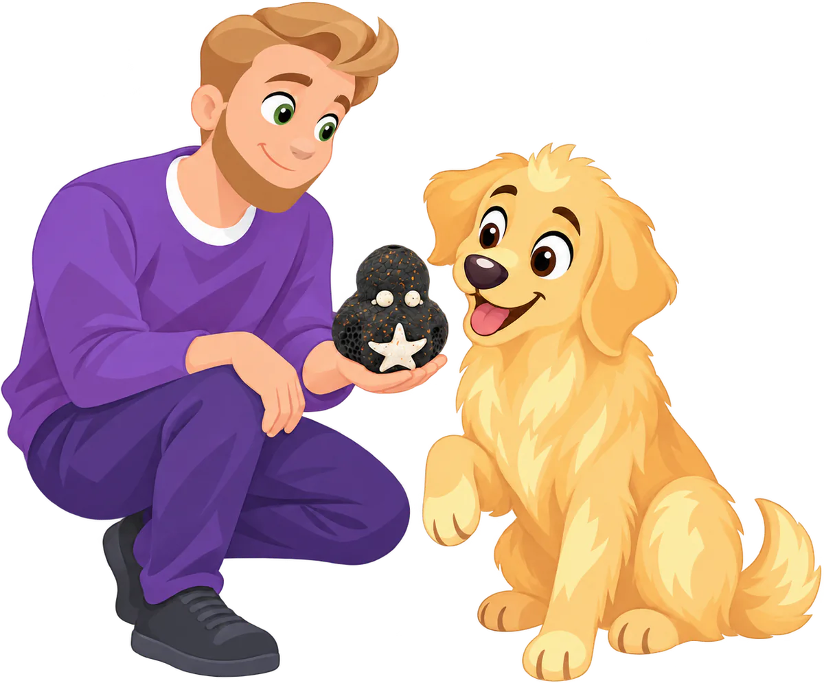 A man in a purple jumper crouches and holds out a black Chewster Octopus to a golden retriever puppy, who sits with one paw raised.