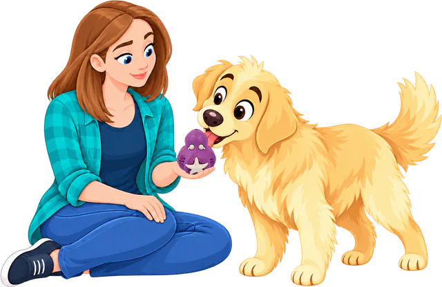 A woman in a green checked shirt sits on the floor and holds out a purple Chewster Octopus to a golden retriever, who sniffs it.