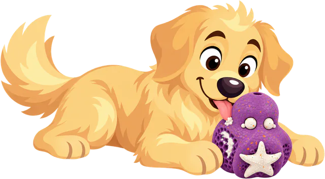 A golden retriever puppy lies down and licks paste from the pads of a purple Chewster Octopus.