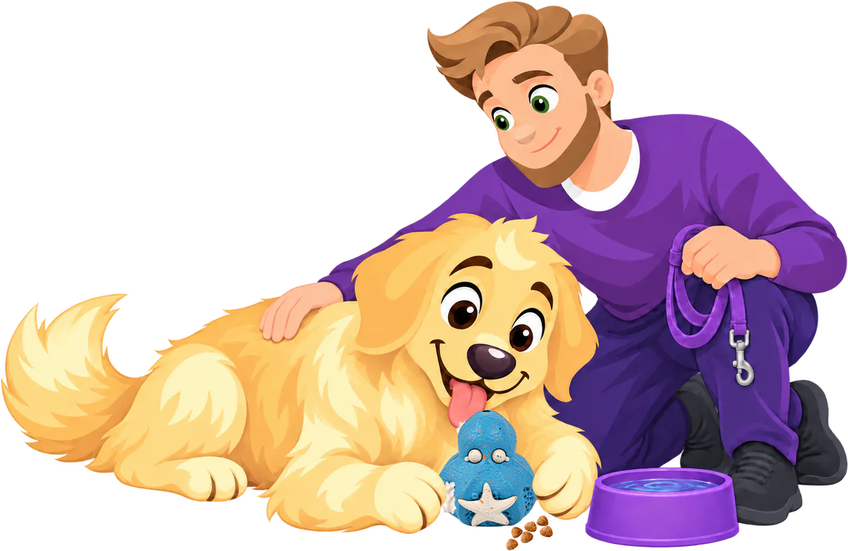 A golden retriever puppy licks a blue Chewster Octopus beside a few pieces of kibble while a man in a purple jumper strokes its back.