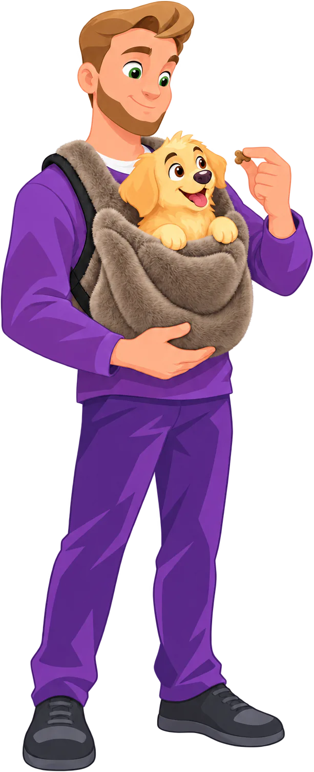 Illustrated man wearing a brown WOOPF™ Furry Range Puppy Pouch on his chest, a golden retriever puppy looking out at the treat in his hand