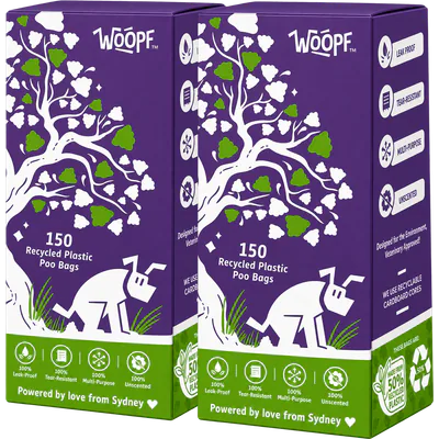 Two purple WOOPF™ boxes of 150 recycled plastic poo bags.