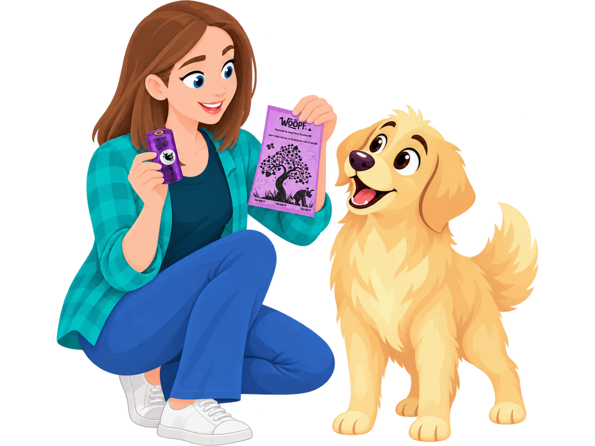 A woman crouching beside a golden retriever holds up a purple roll of WOOPF™ bags and an open purple WOOPF™ poo bag.