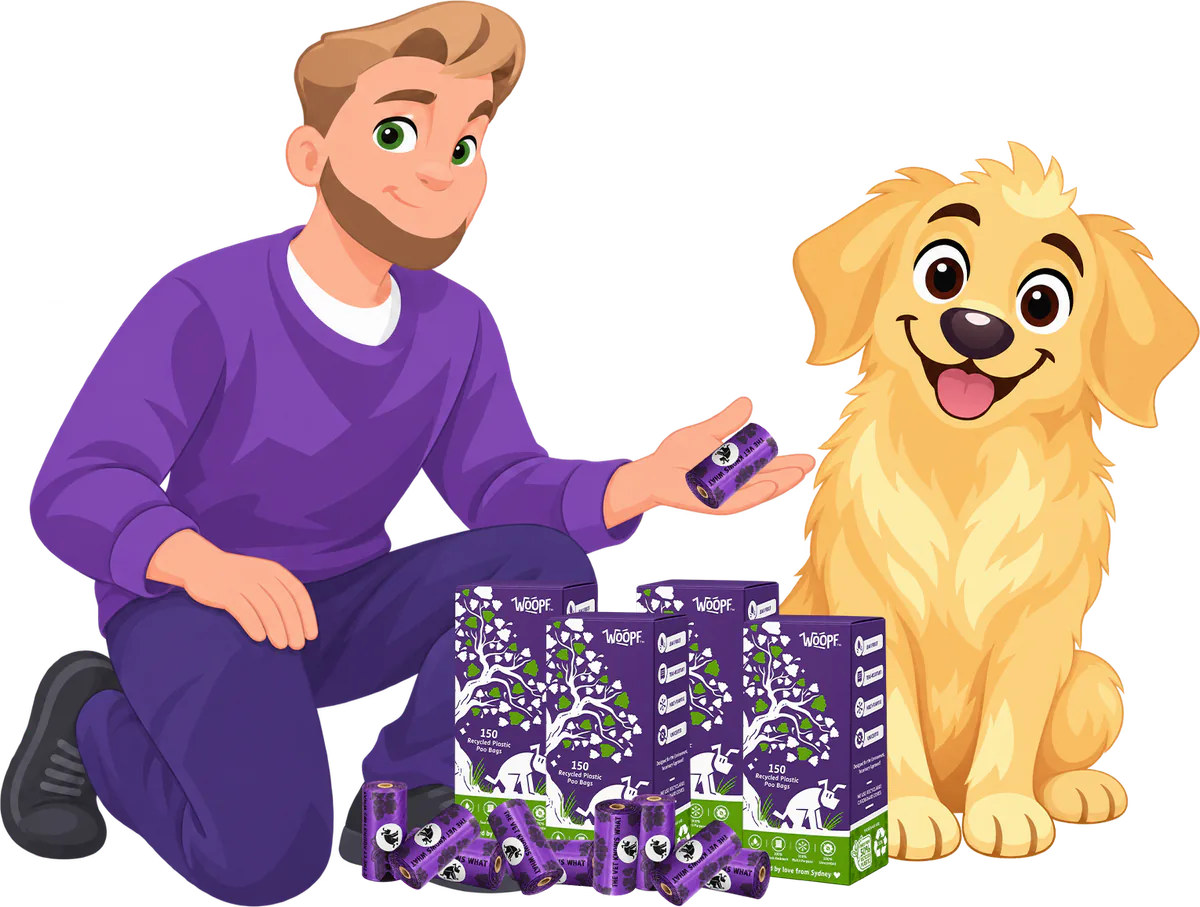 A man kneeling beside a golden retriever holds out a roll of purple WOOPF™ bags, four boxes of 150 recycled plastic poo bags and loose rolls at his feet.