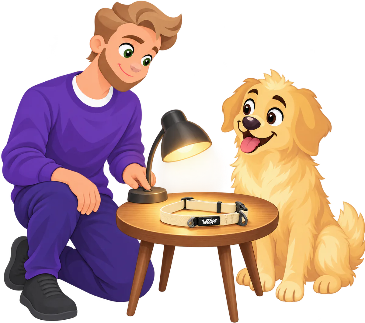 Illustrated man kneeling to switch on a desk lamp over a cream Glow WOOPF™ Sealskin Collar on a small round table, a golden retriever sitting beside