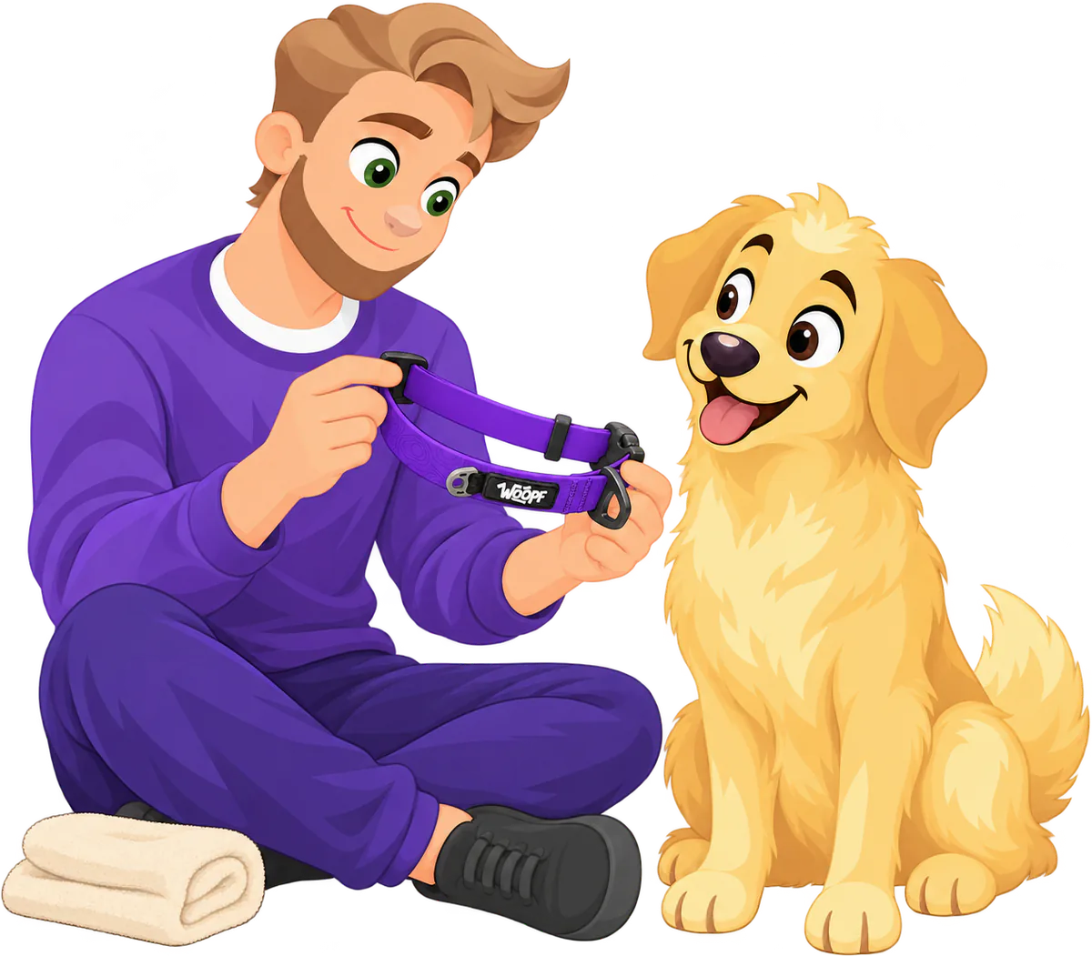 Illustrated man sitting cross-legged holding up a dry purple WOOPF™ Sealskin Collar, a folded towel beside him and a golden retriever sitting close