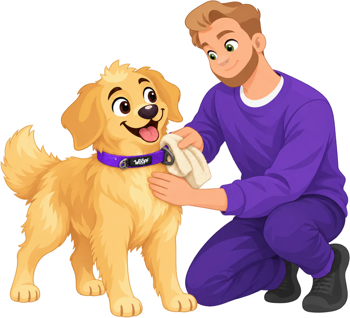 Illustrated man kneeling to wipe a purple WOOPF™ Sealskin Collar dry with a towel on a standing golden retriever