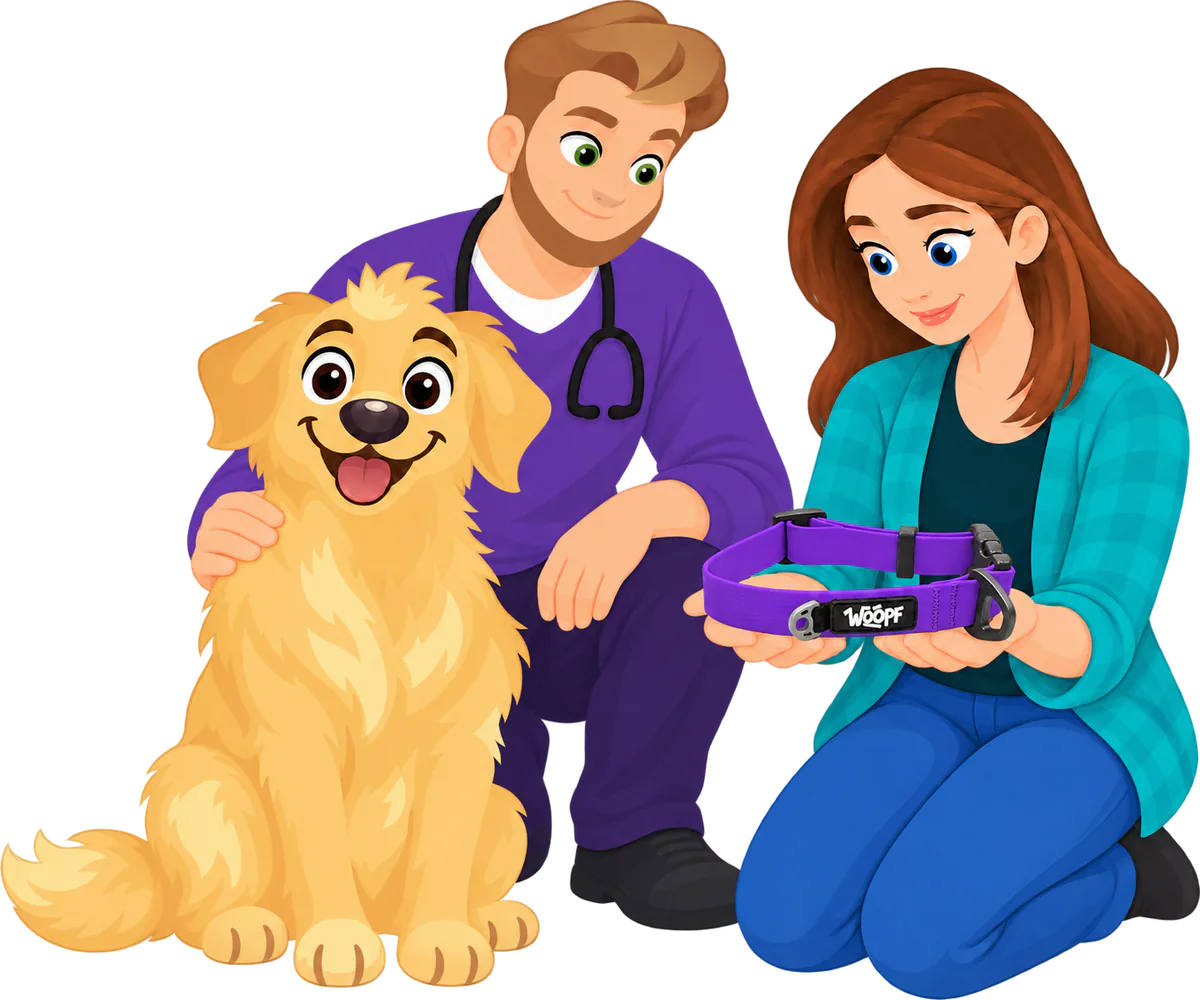 Illustrated man kneeling with a hand on a sitting golden retriever, a woman kneeling beside them holding a purple WOOPF™ Sealskin Collar