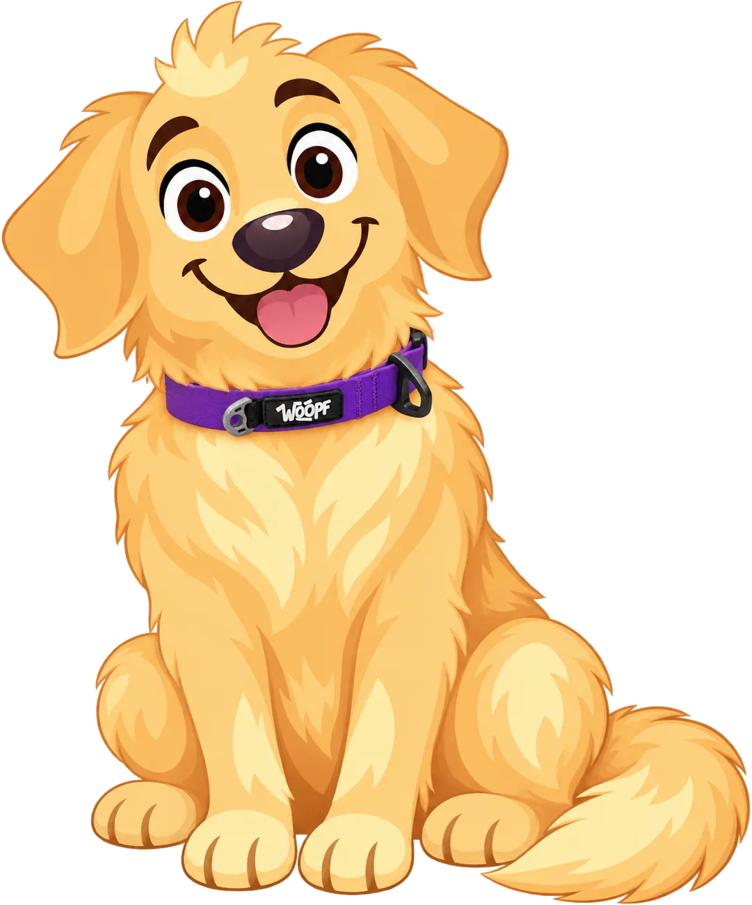Illustrated golden retriever sitting in a purple WOOPF™ Sealskin Collar, the WOOPF™ badge at the front and the D-ring at its side
