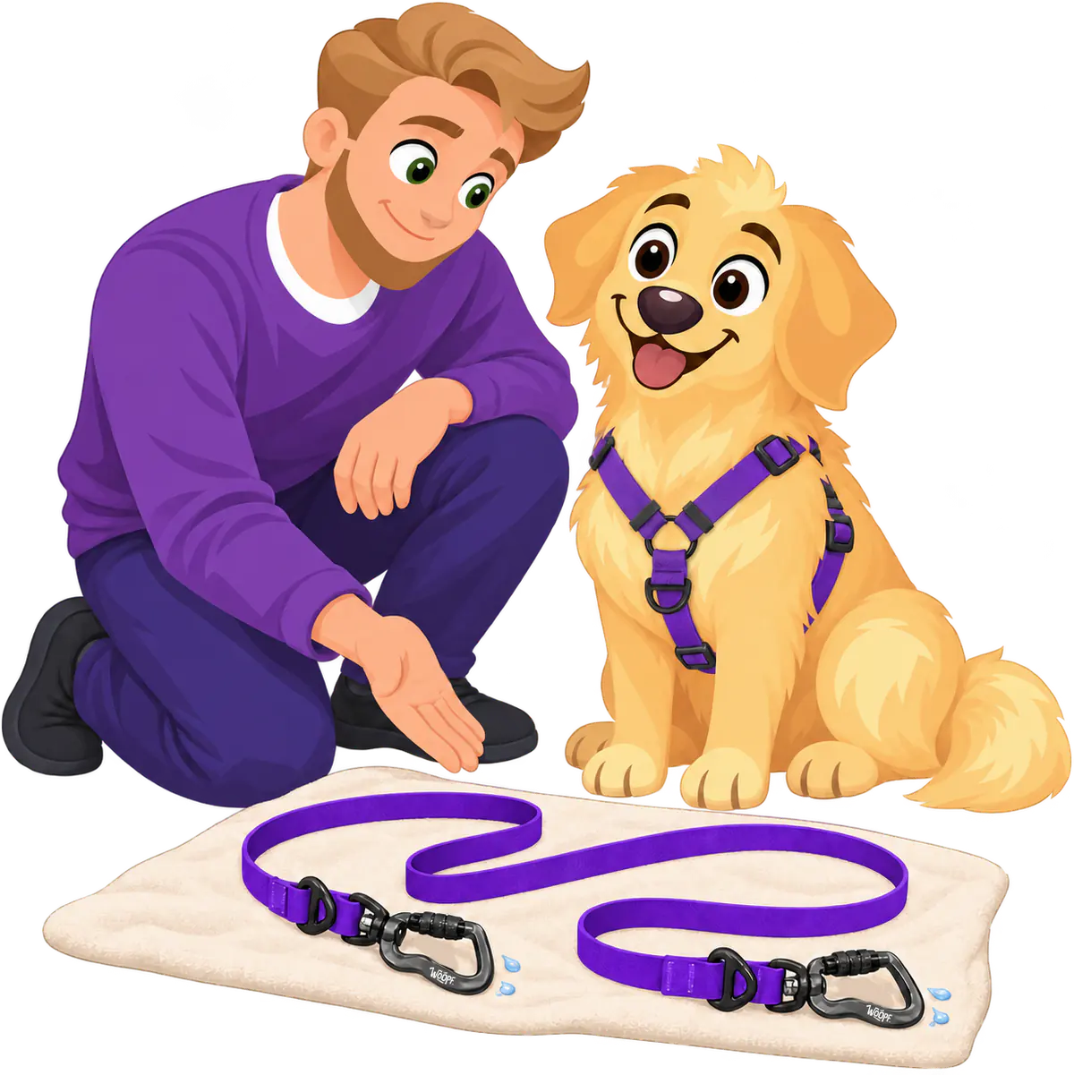 A man kneels beside a golden retriever puppy in a purple harness and points to a purple Sealskin Extendable Leash drying on a towel, a drop of water by each locking carabiner