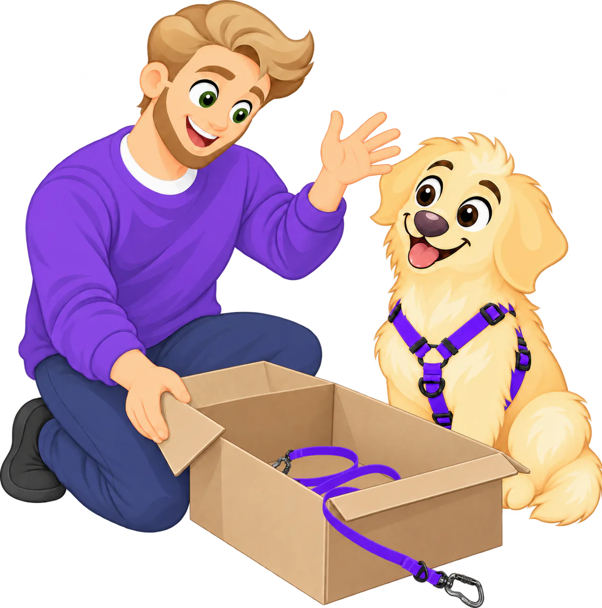 A man kneels beside a golden retriever puppy in a purple harness and opens a box holding a purple Sealskin Extendable Leash, one locking carabiner hanging over the side
