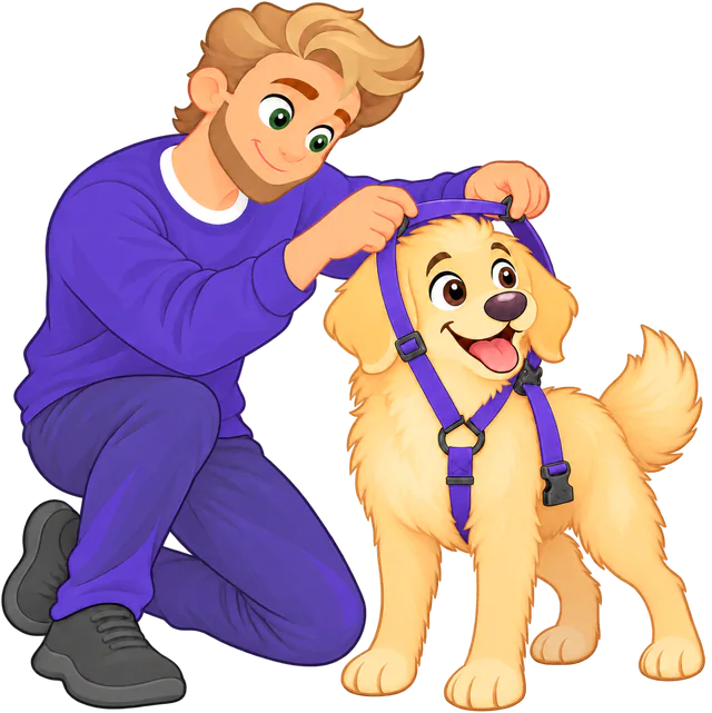 A man kneeling to slip the neck loop of a purple Sealskin Harness over a golden retriever's head