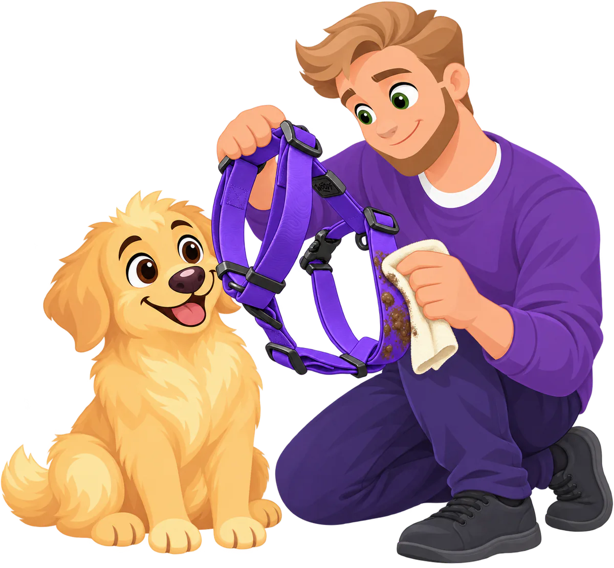 A man wiping mud off a purple Sealskin Harness with a cloth, a golden retriever sitting beside him