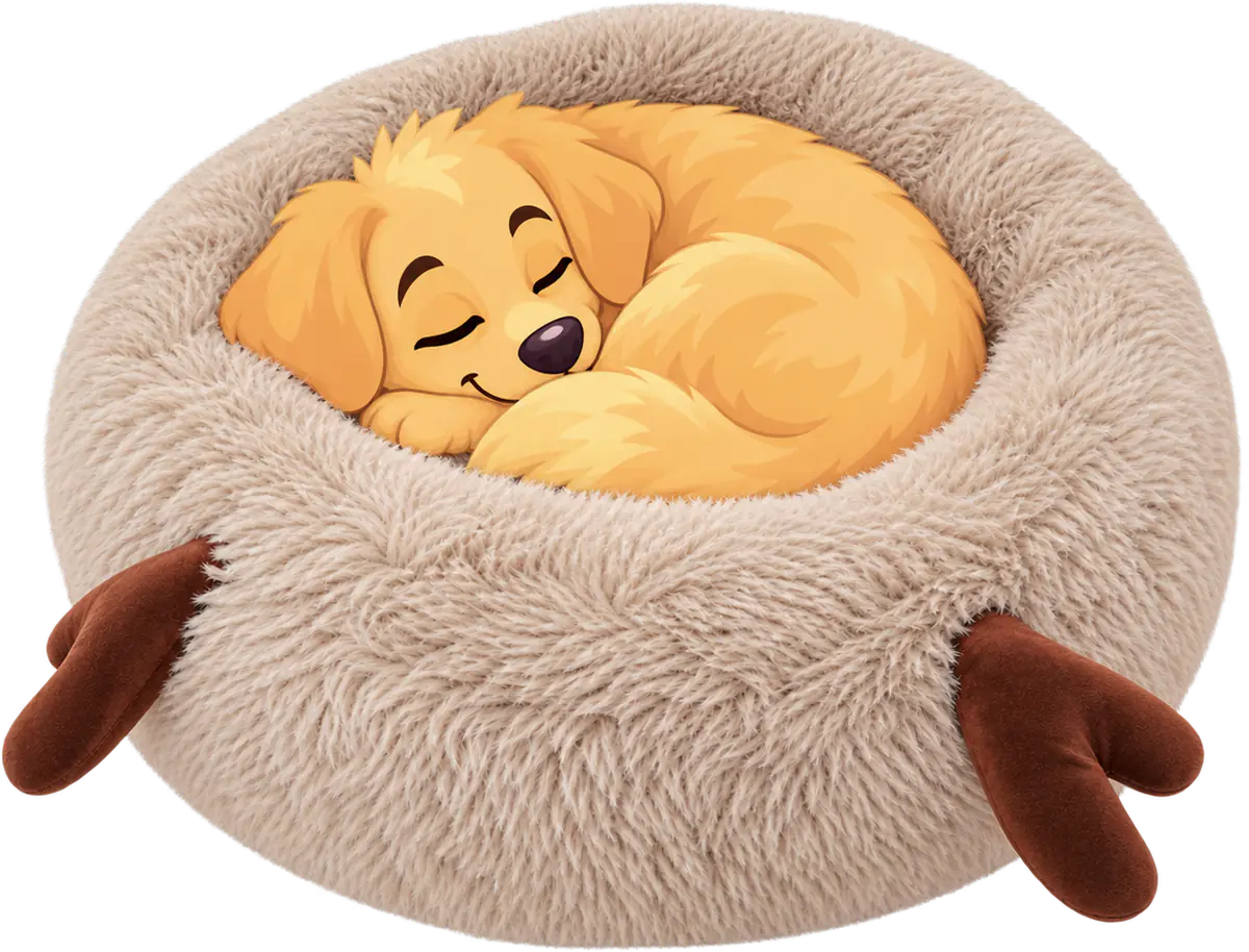Illustrated golden retriever puppy asleep, curled in a ball in the long shag pile of a WOOPF™ Fluffy Shag Calming Round Bed with Antlers