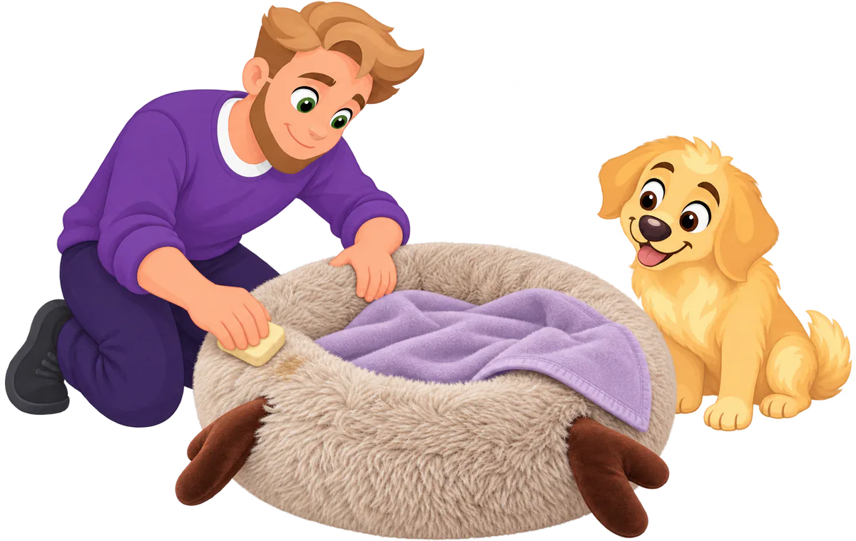 Illustrated man sponging a mark on the rim of a Fluffy Shag Calming Round Bed with Antlers, a lilac blanket in its well and a golden retriever puppy watching