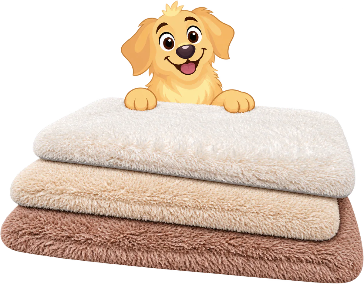 Illustrated golden retriever puppy peeking over three stacked WOOPF™ Fluffy Shag Calming Sleeping Mats in white, cream and taupe