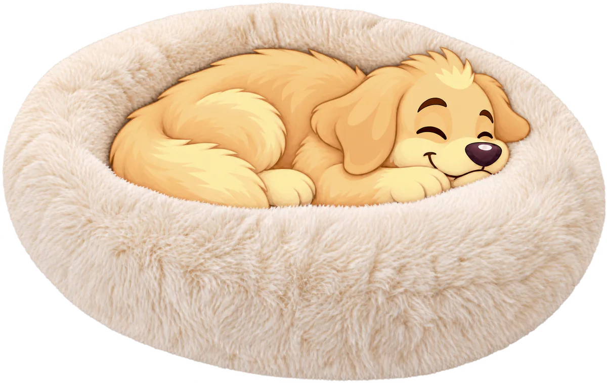 Illustrated golden retriever puppy asleep, curled in a ball in the long cream pile of a WOOPF™ Fluffy Shag Calming Round Bed