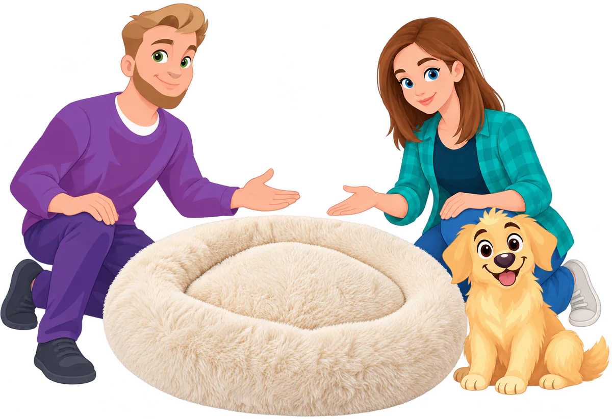 Illustrated man and woman kneeling either side of an empty cream WOOPF™ Fluffy Shag Calming Round Bed, a golden retriever puppy sitting beside them